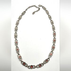 THE LIMITED Vintage Floral Red Rhinestone Silver Tone Necklace